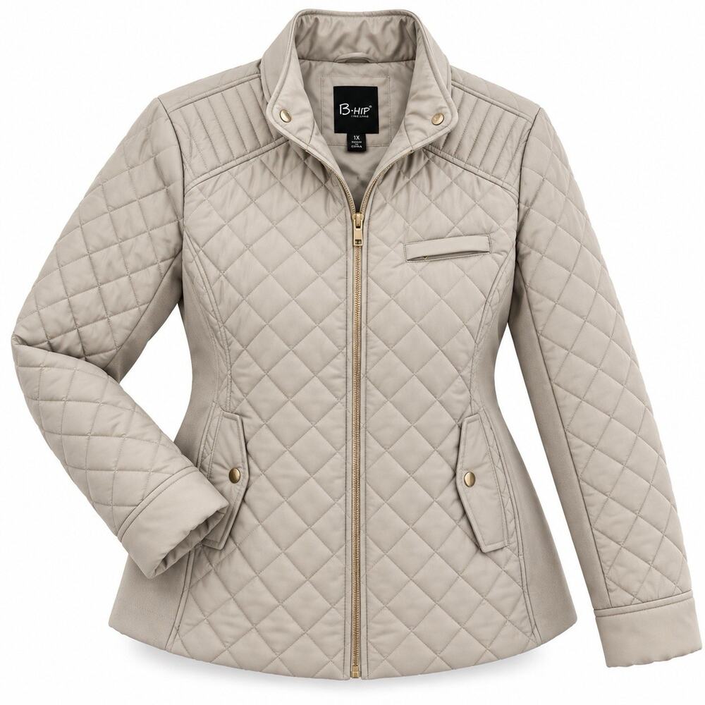 B-HIP by Me Jane Womens 1X Beige Quilted Jacket Full Zip Moto Collar Plus Size